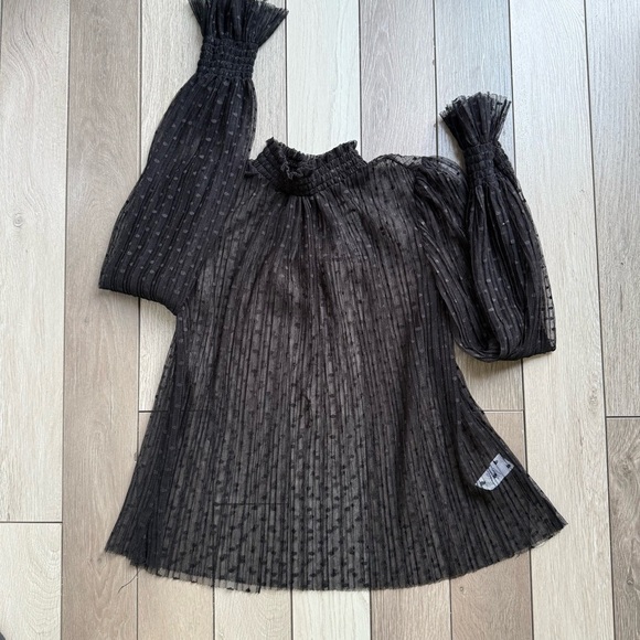 STATE Black Blouse with Puff Sleeves and Ruffled Mandarin Collar - Picture 2 of 6